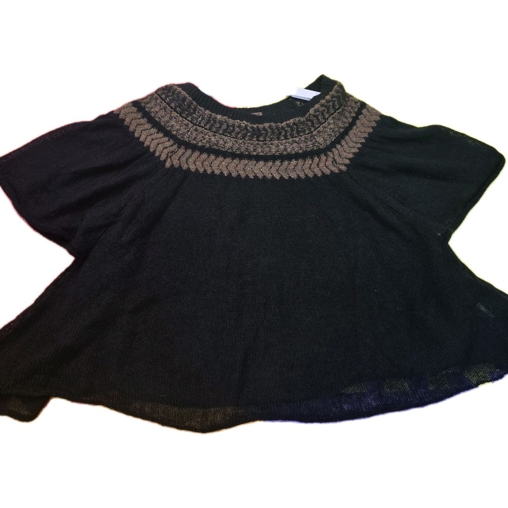Free People Sweater Womens Small Black Knit Wool Blend Poncho Style Short Sleeve